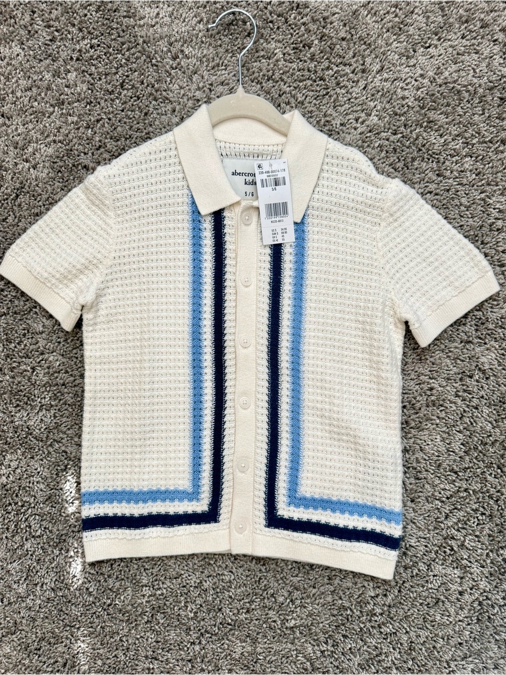abercrombie kids Cream Knit Polo Cardigan with Blue Stripes 5/6